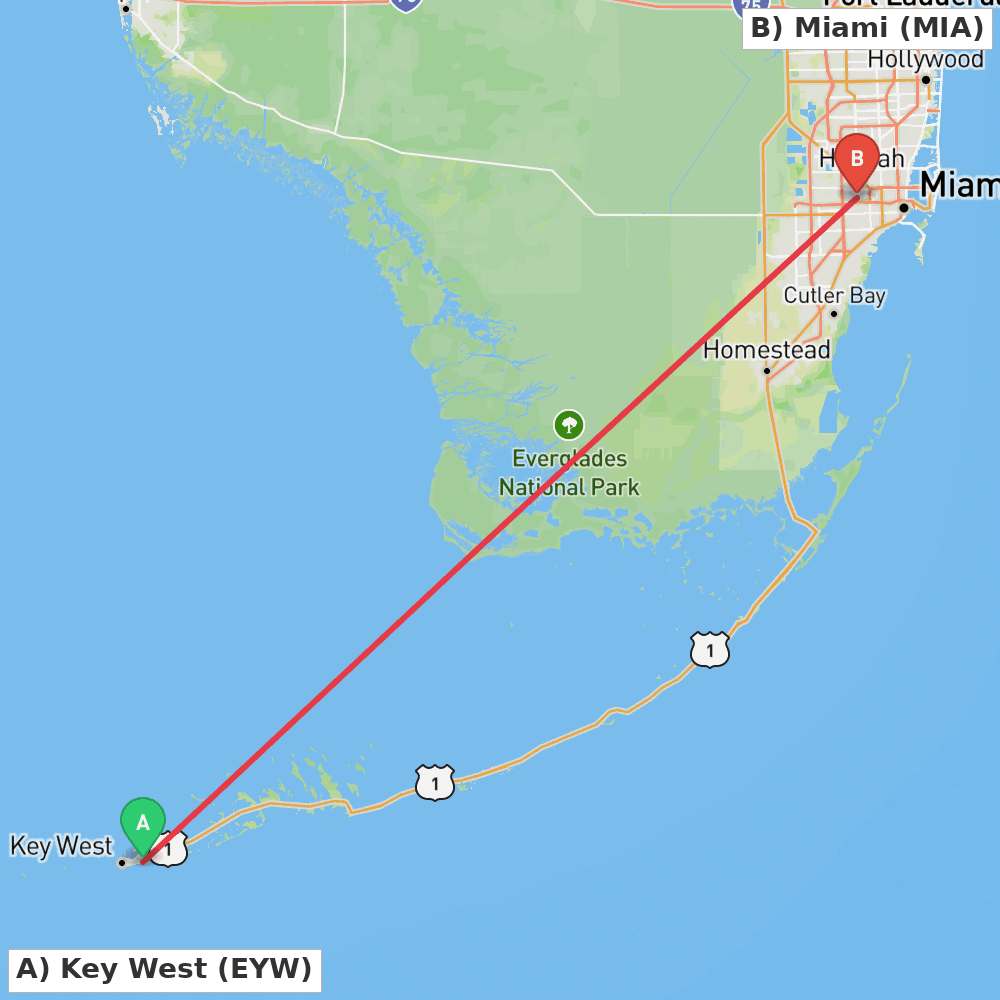 Flight route map from Key West to Miami