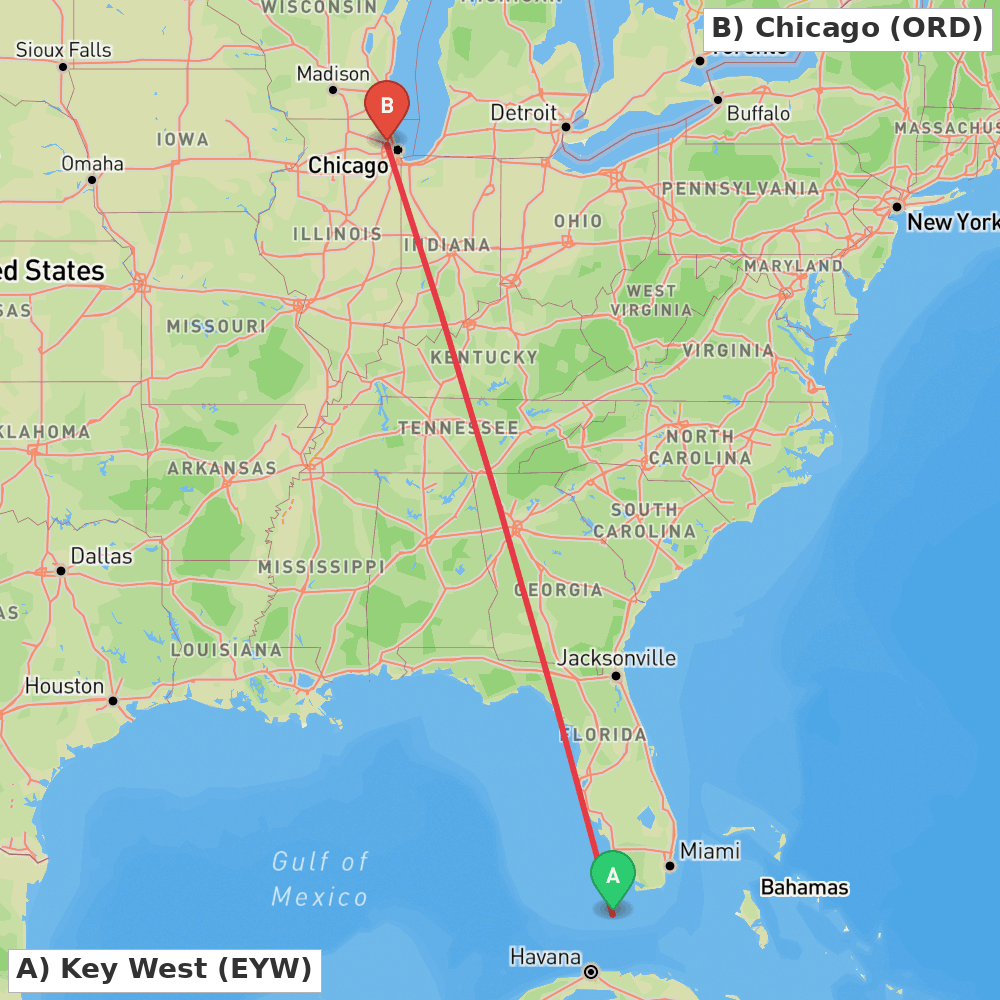 Flight route map from Key West to Chicago