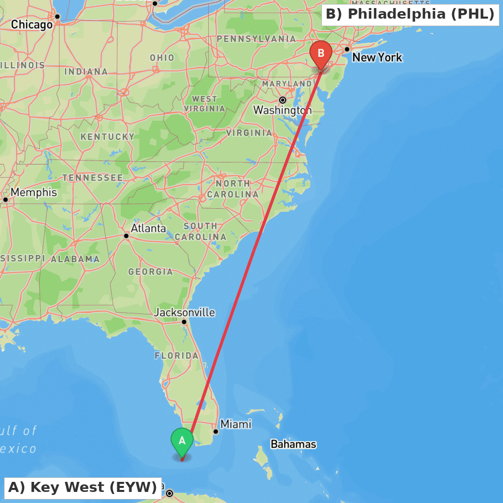 Flight route map from Key West to Philadelphia