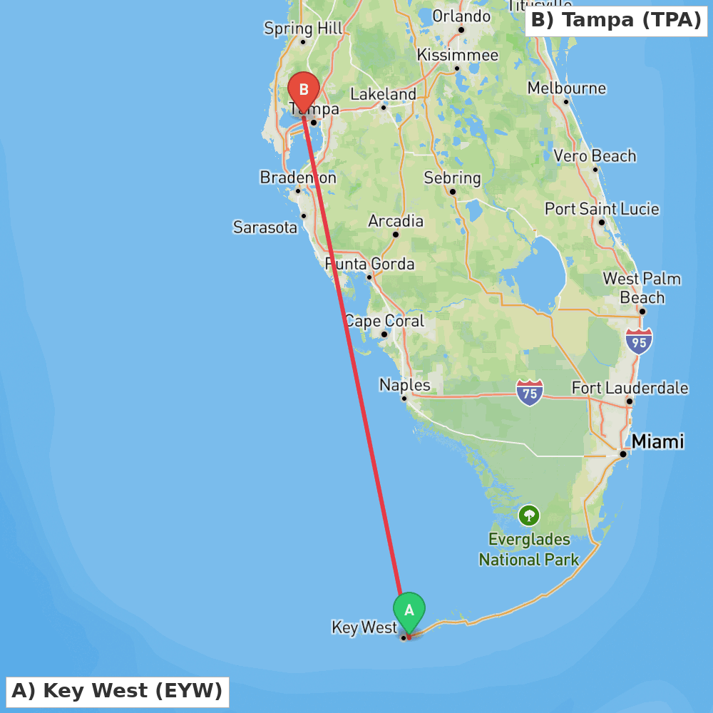 Flight route map from Key West to Tampa