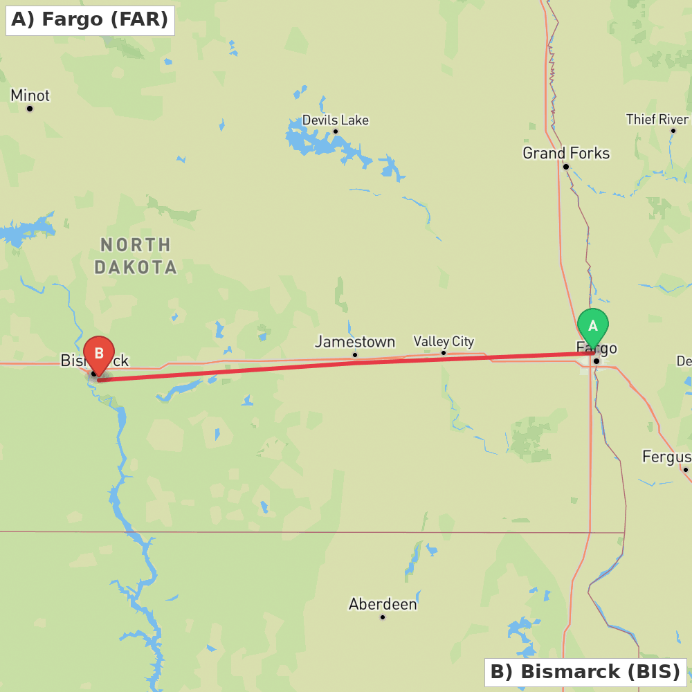 Flight route map from Fargo to Bismarck
