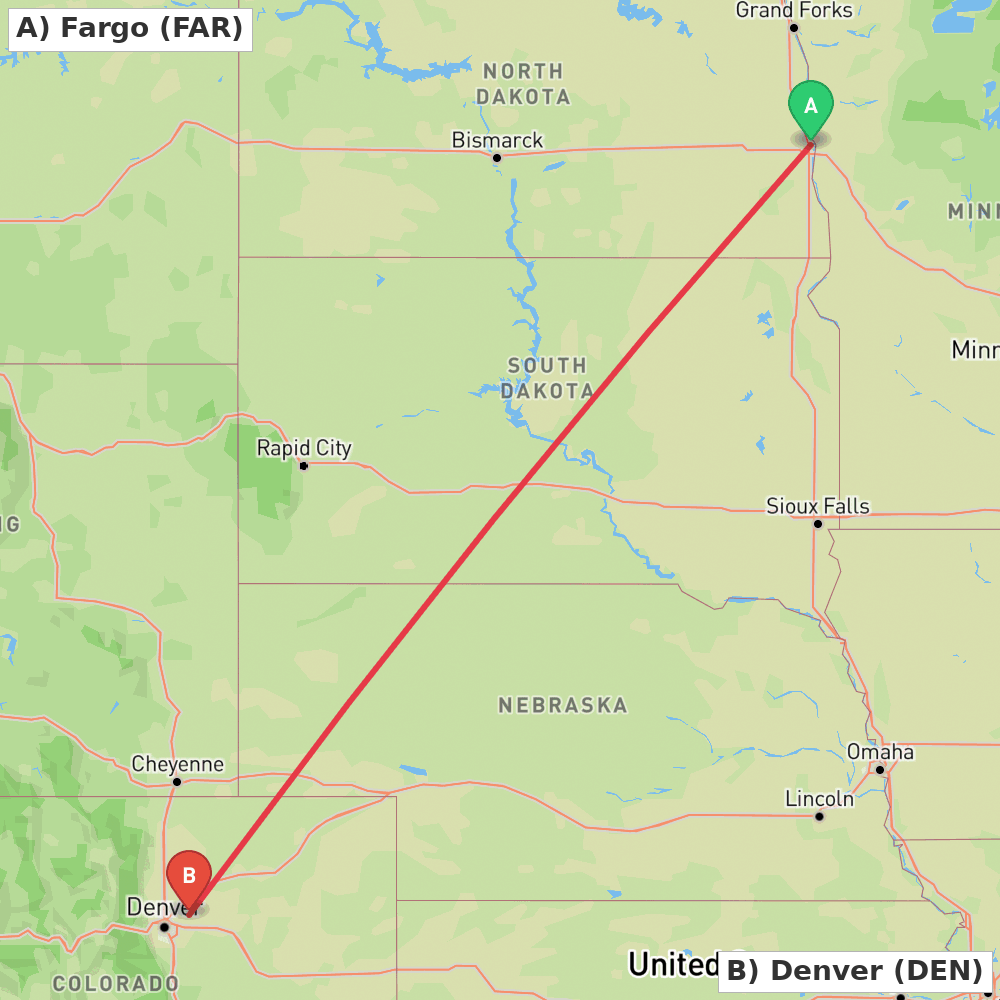 Flight route map from Fargo to Denver