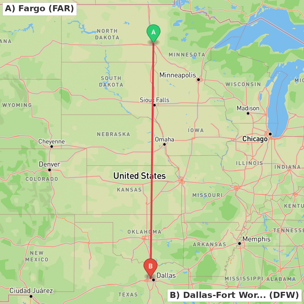Flight route map from Fargo to Dallas-Fort Worth