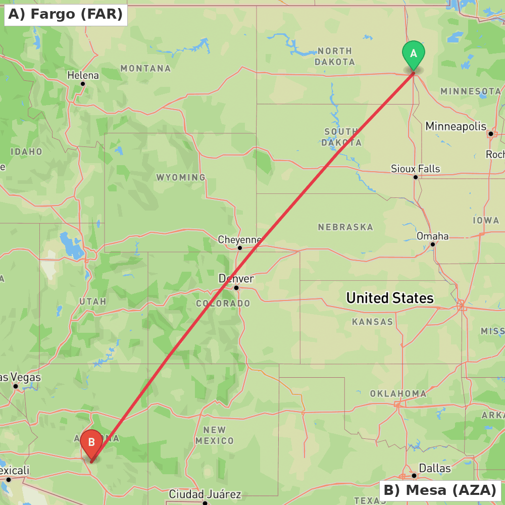 Flight route map from Fargo to Mesa