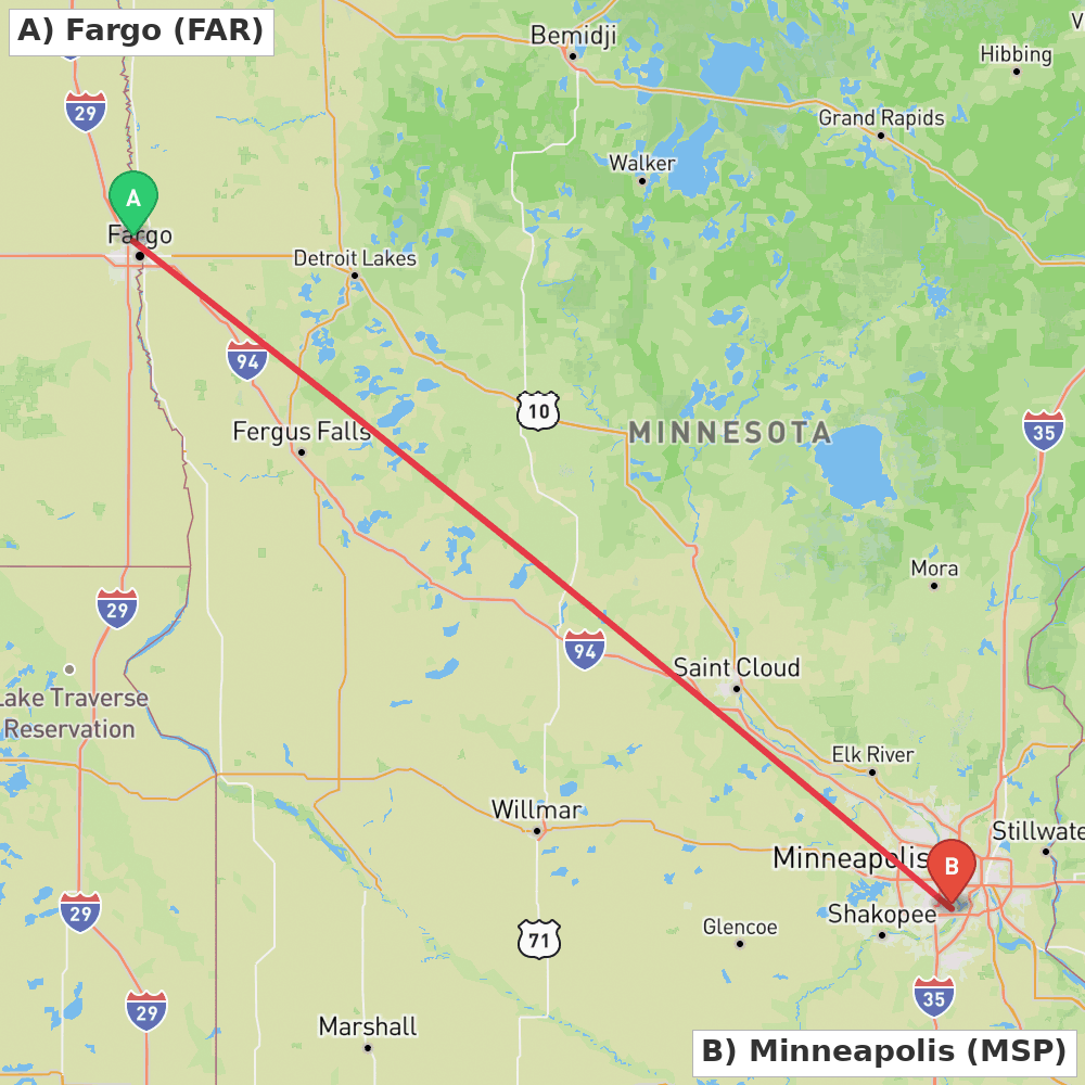 Flight route map from Fargo to Minneapolis