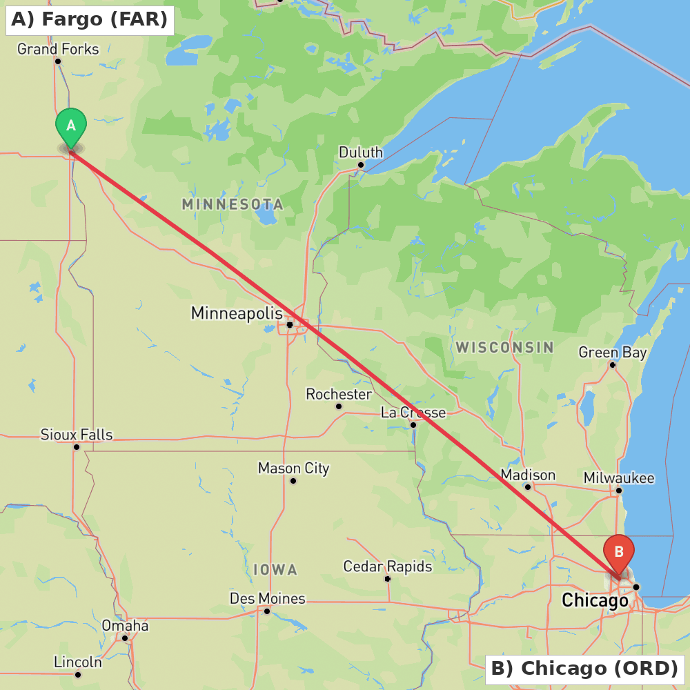 Flight route map from Fargo to Chicago