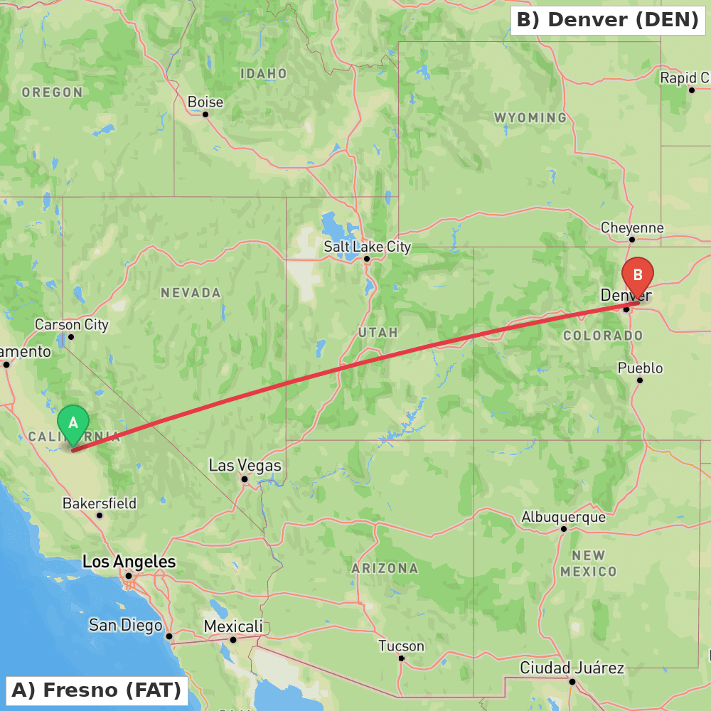 Flight route map from Fresno to Denver