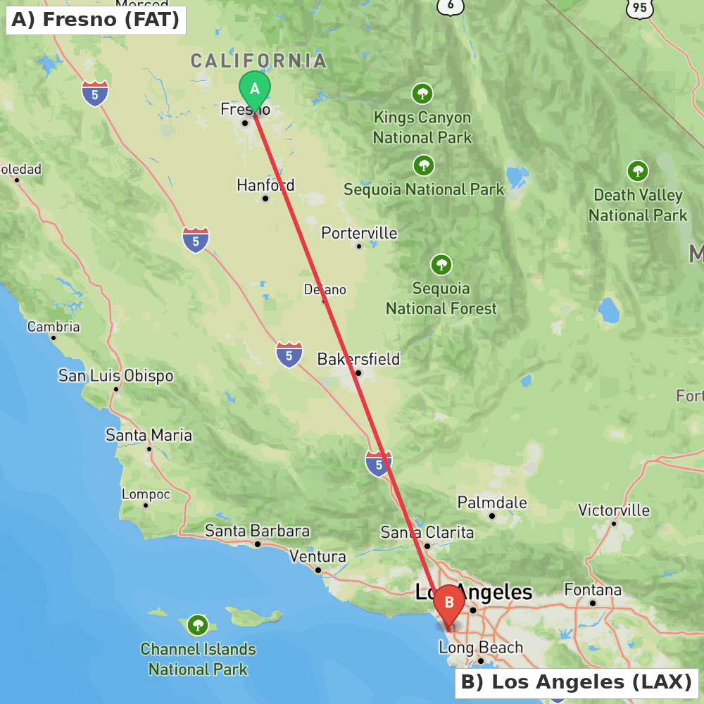 Flight route map from Fresno to Los Angeles