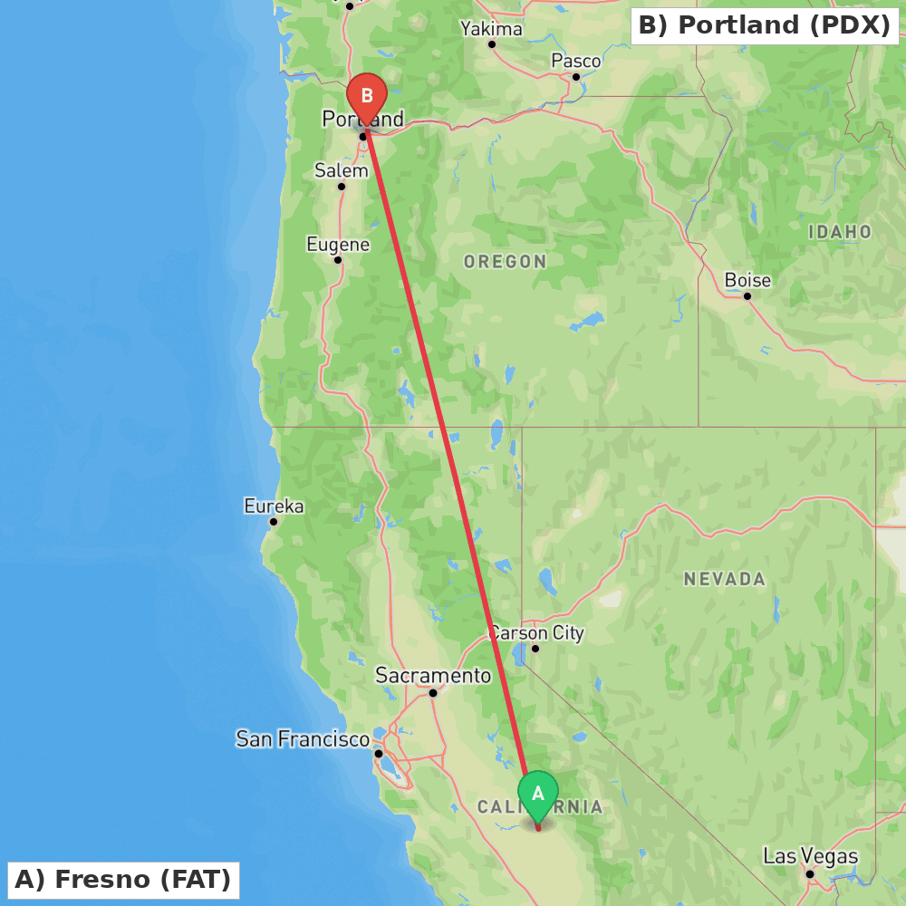 Flight route map from Fresno to Portland