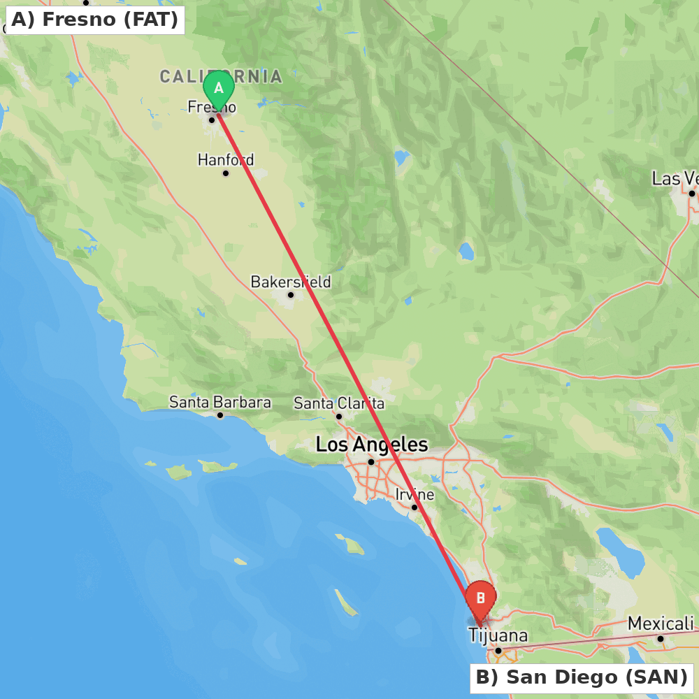 Flight route map from Fresno to San Diego