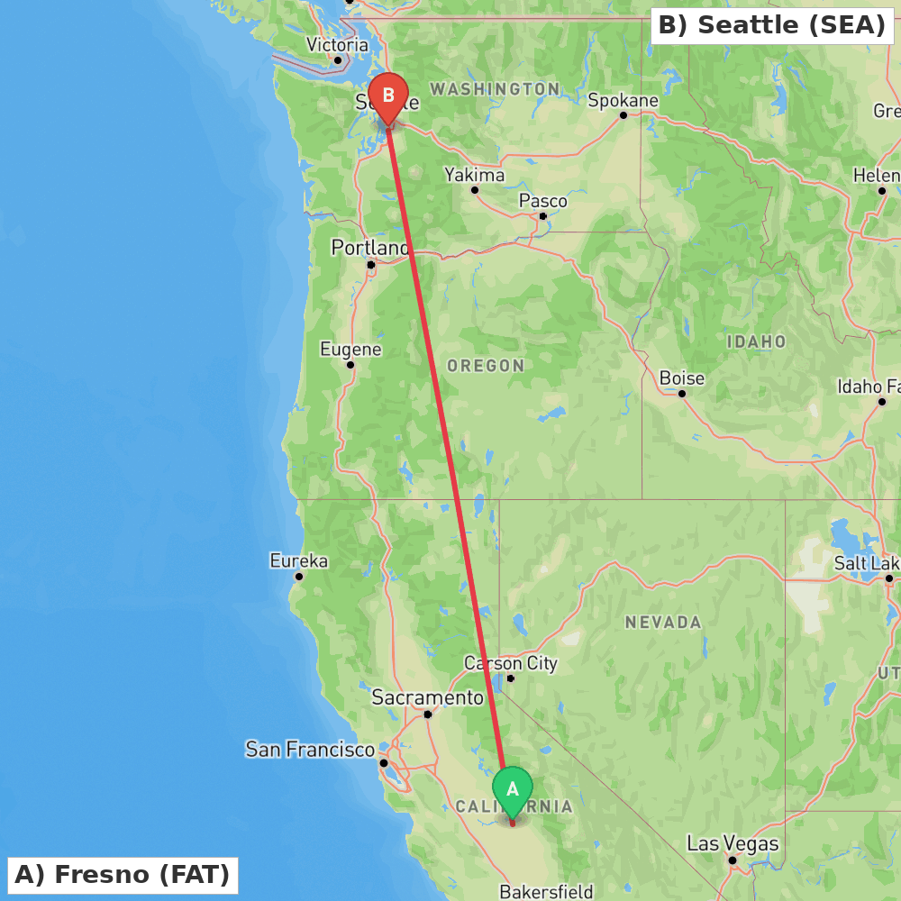 Flight route map from Fresno to Seattle