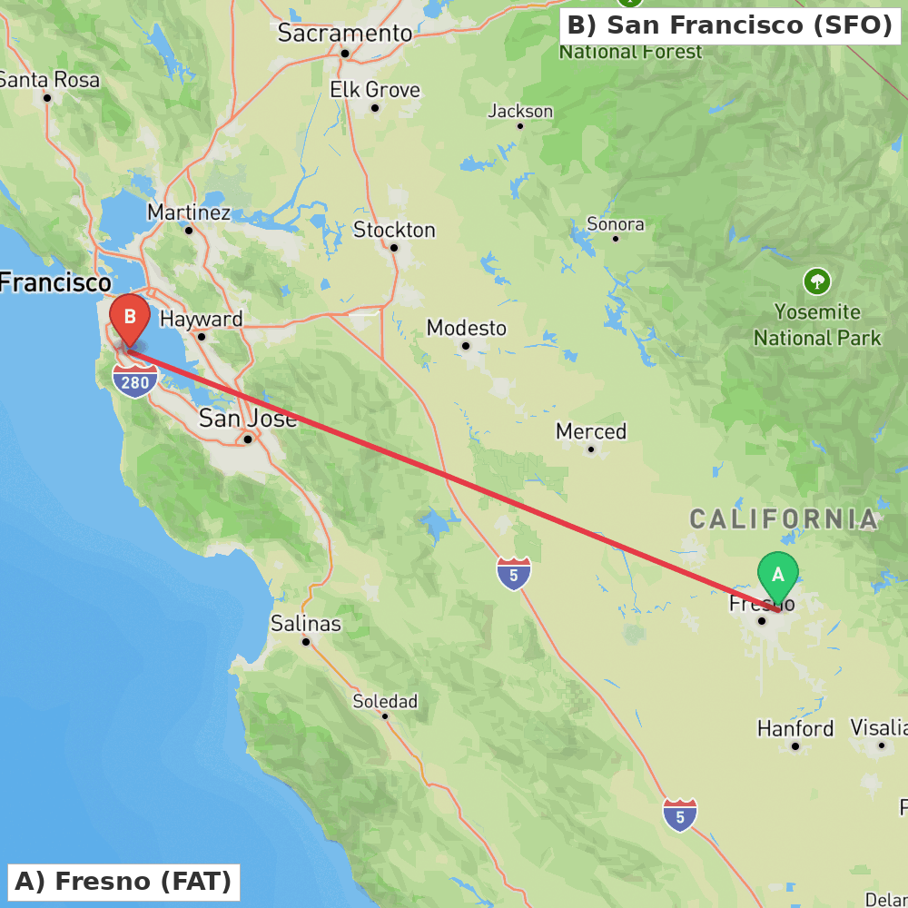 Flight route map from Fresno to San Francisco