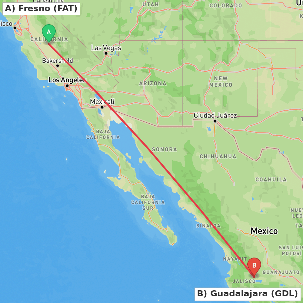 Flight route map from Fresno to Guadalajara