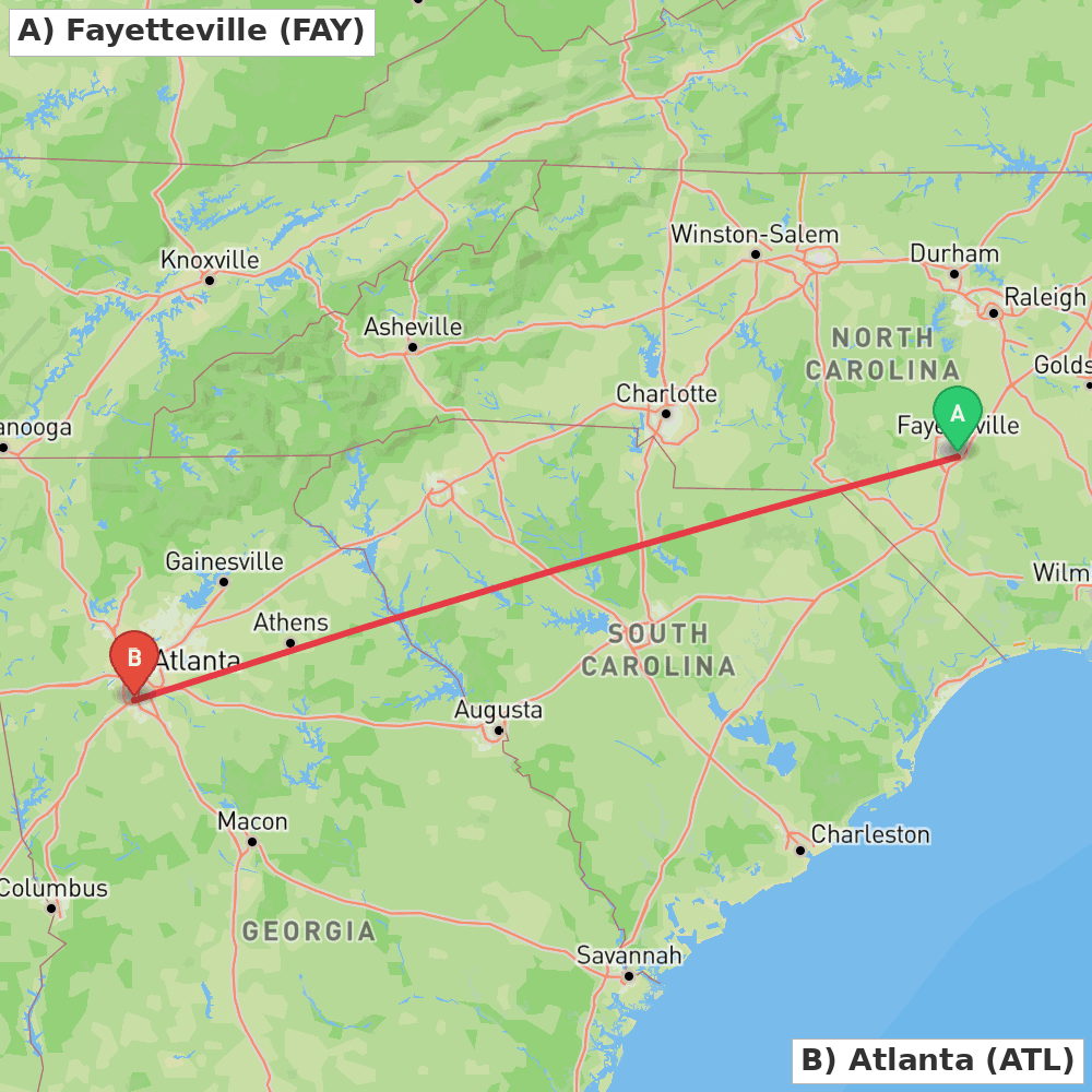Flight route map from Fayetteville to Atlanta