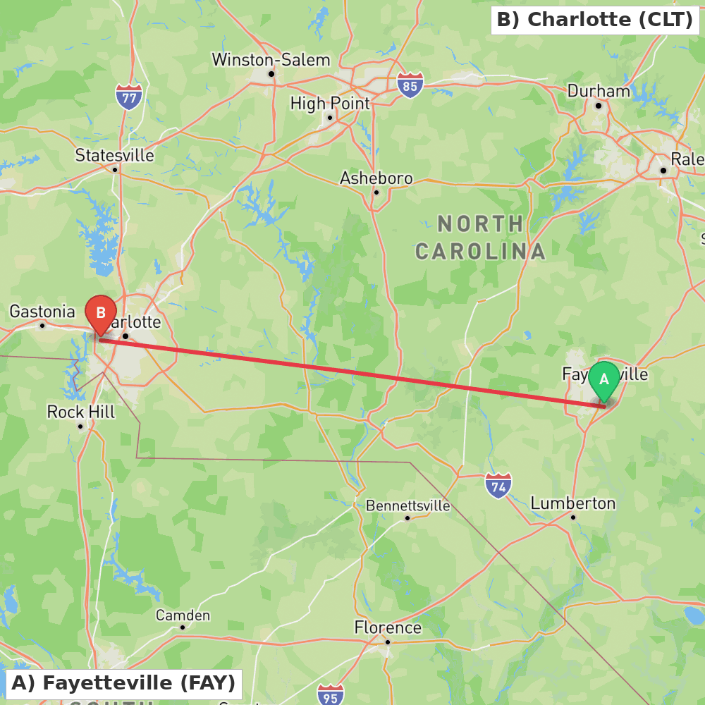 Flight route map from Fayetteville to Charlotte