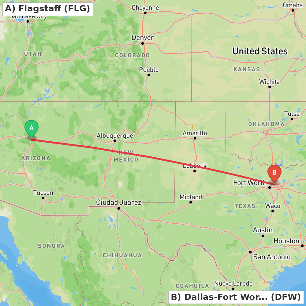 Flight route map from Flagstaff to Dallas-Fort Worth