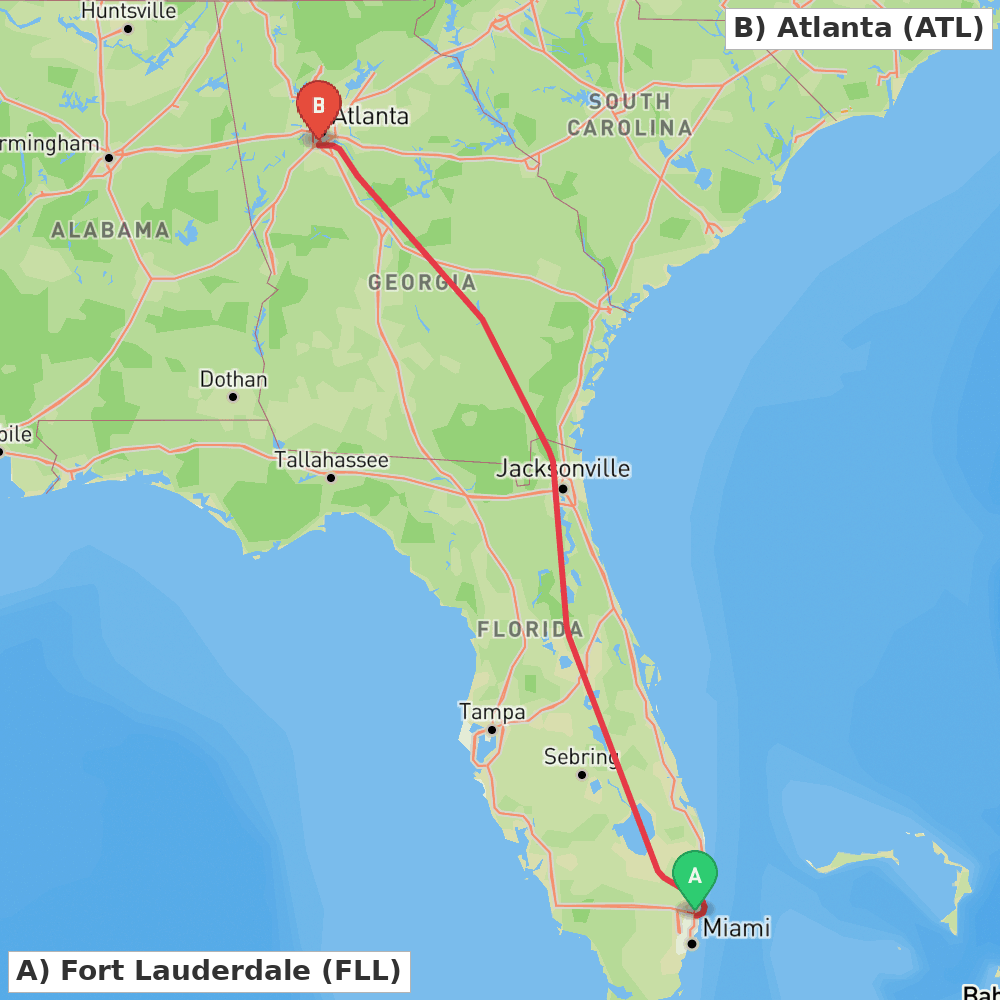 Flight route map from Fort Lauderdale to Atlanta