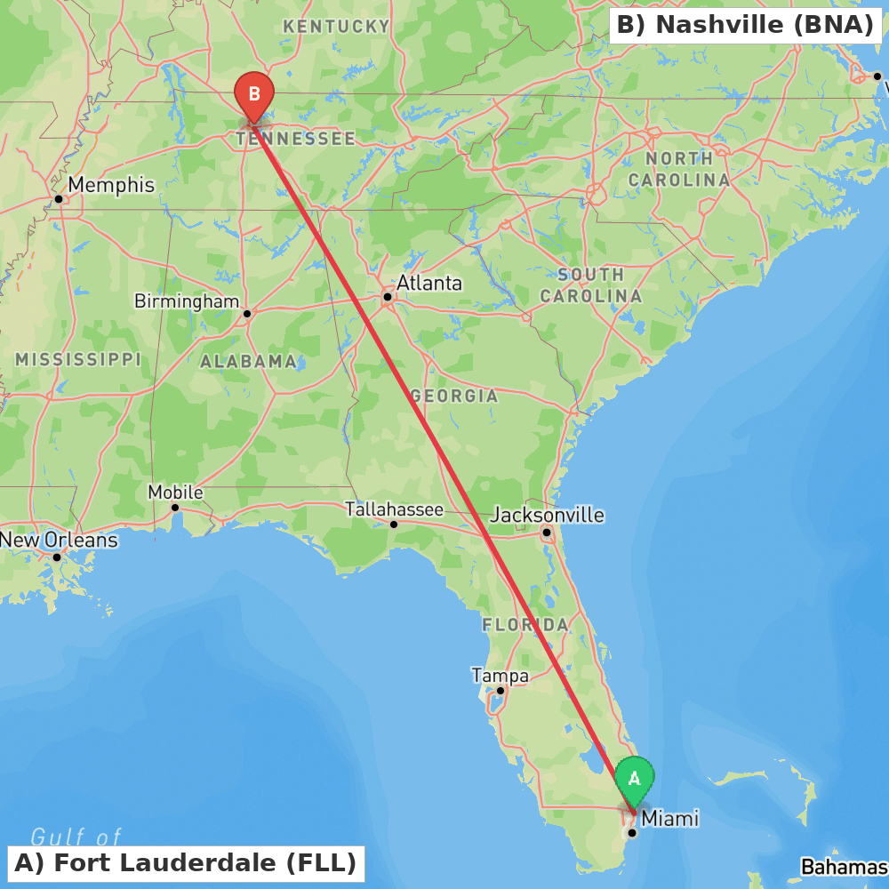 Flight route map from Fort Lauderdale to Nashville