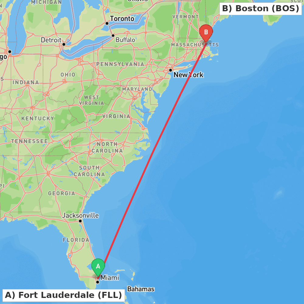 Flight route map from Fort Lauderdale to Boston