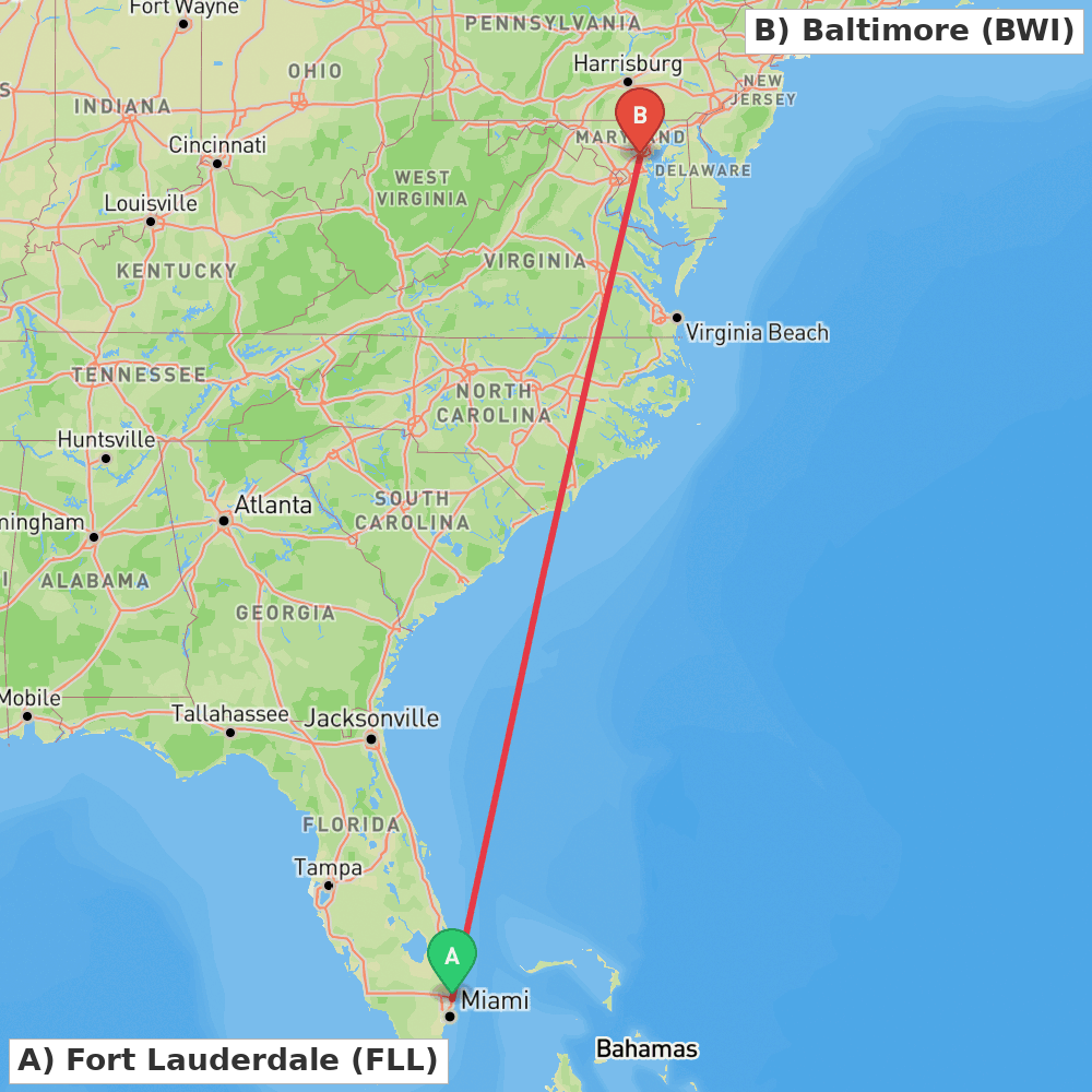 Flight route map from Fort Lauderdale to Baltimore