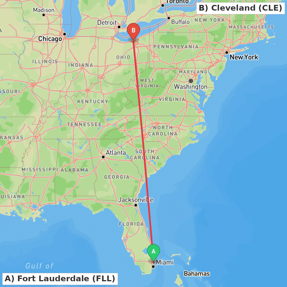 Flight route map from Fort Lauderdale to Cleveland
