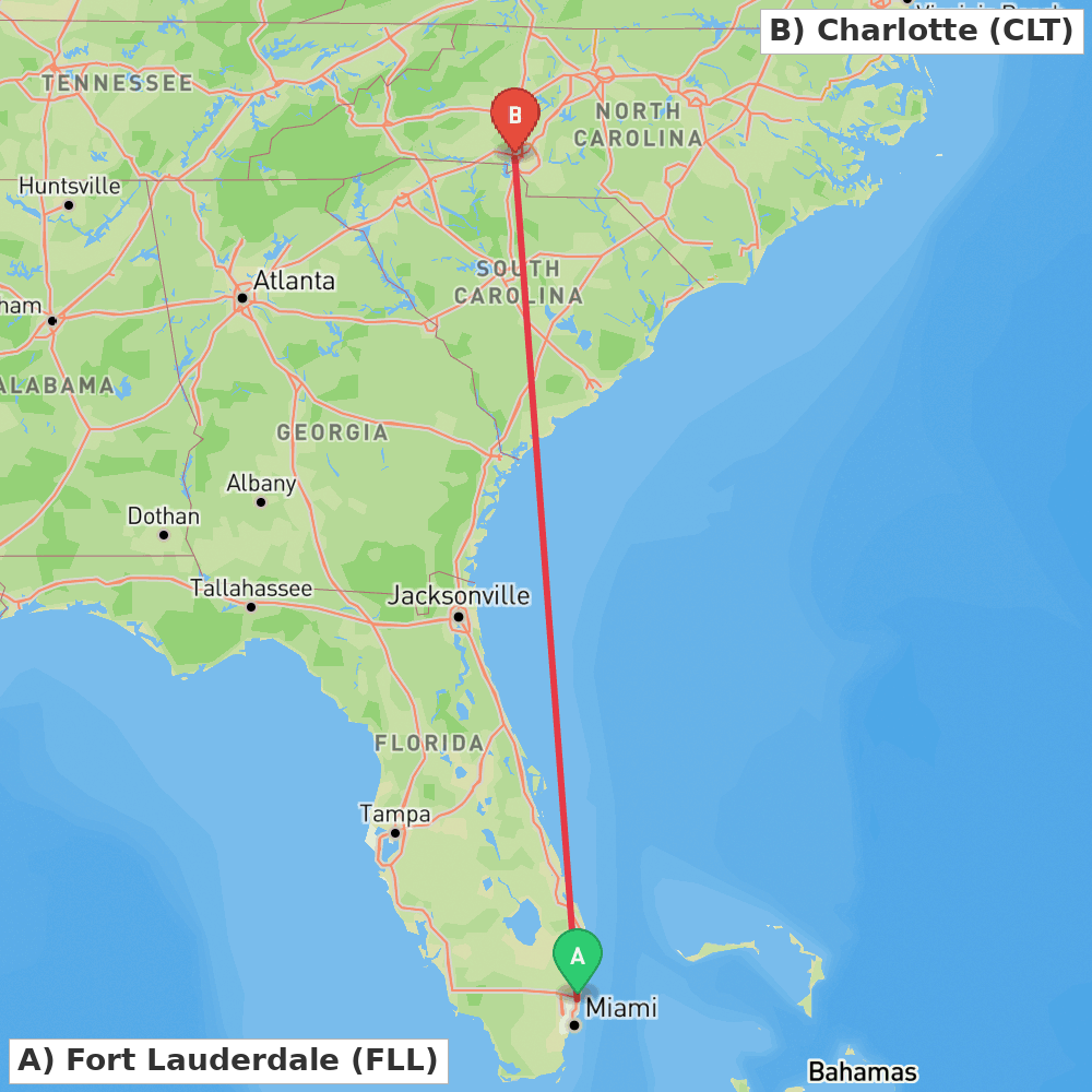 Flight route map from Fort Lauderdale to Charlotte