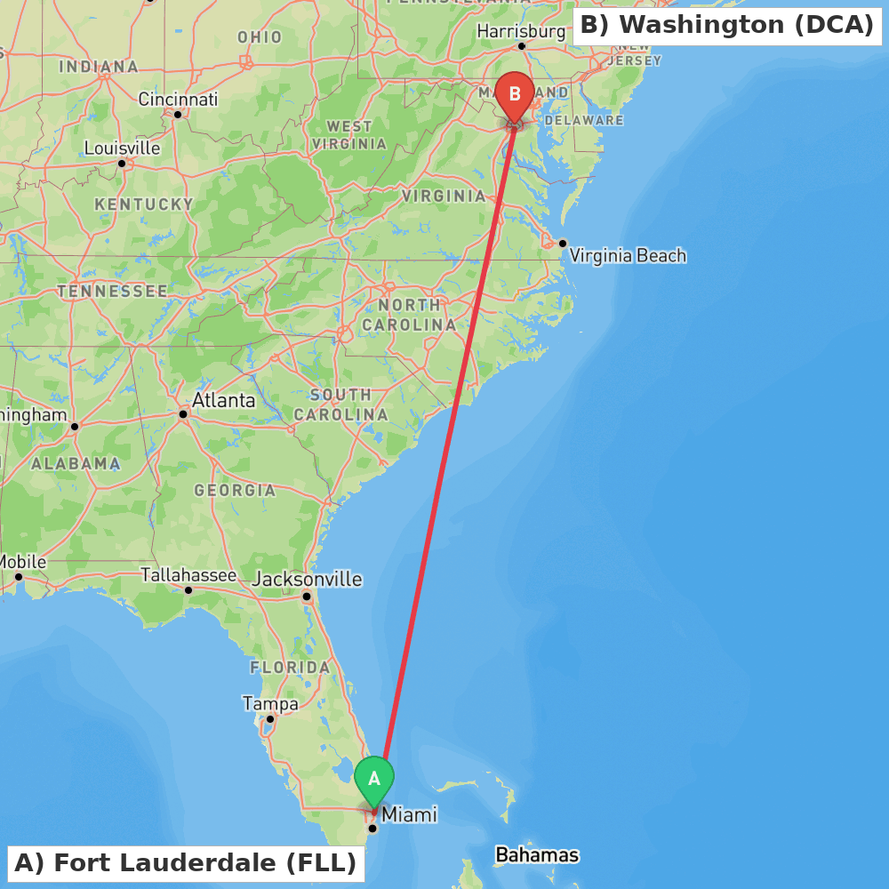 Flight route map from Fort Lauderdale to Washington