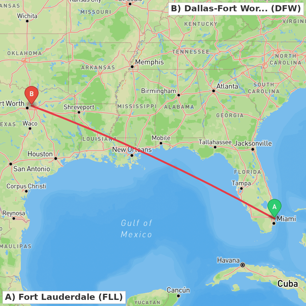 Flight route map from Fort Lauderdale to Dallas-Fort Worth