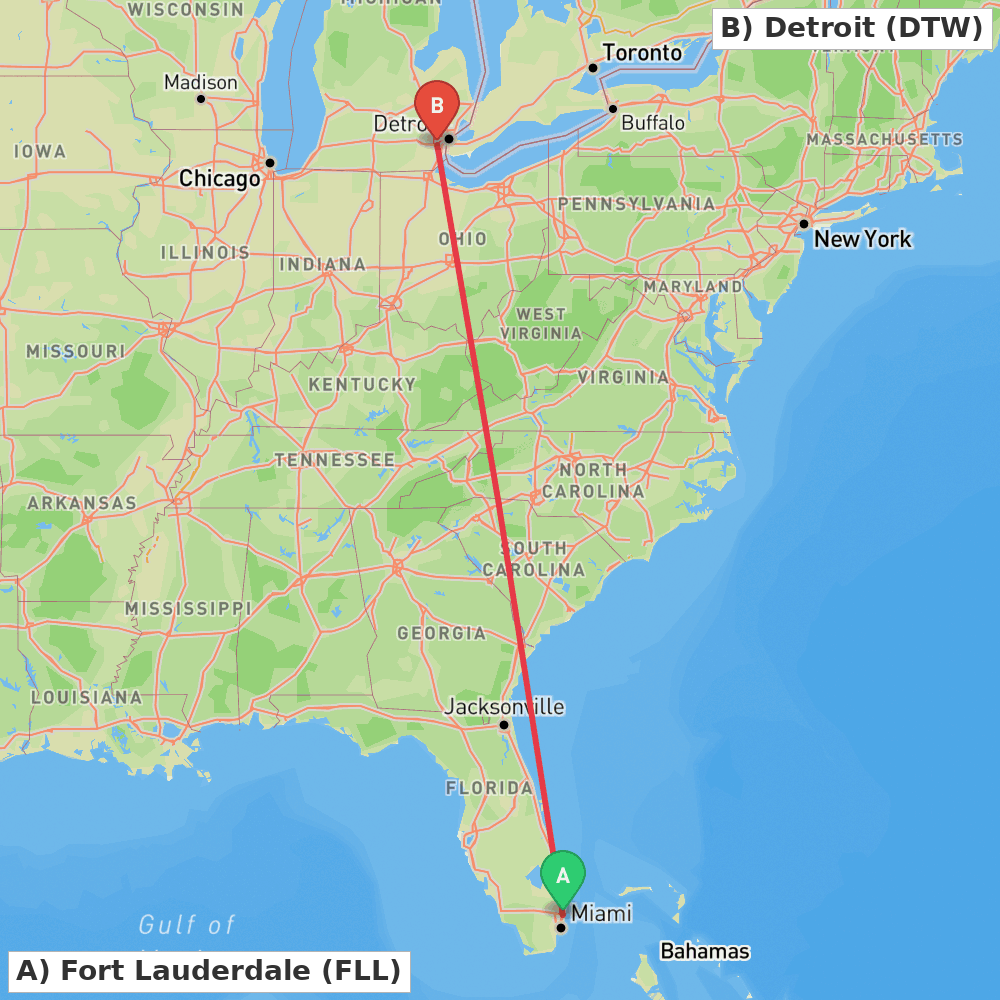 Flight route map from Fort Lauderdale to Detroit