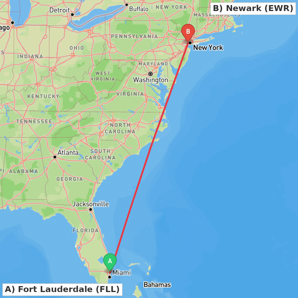 Flight route map from Fort Lauderdale to Newark