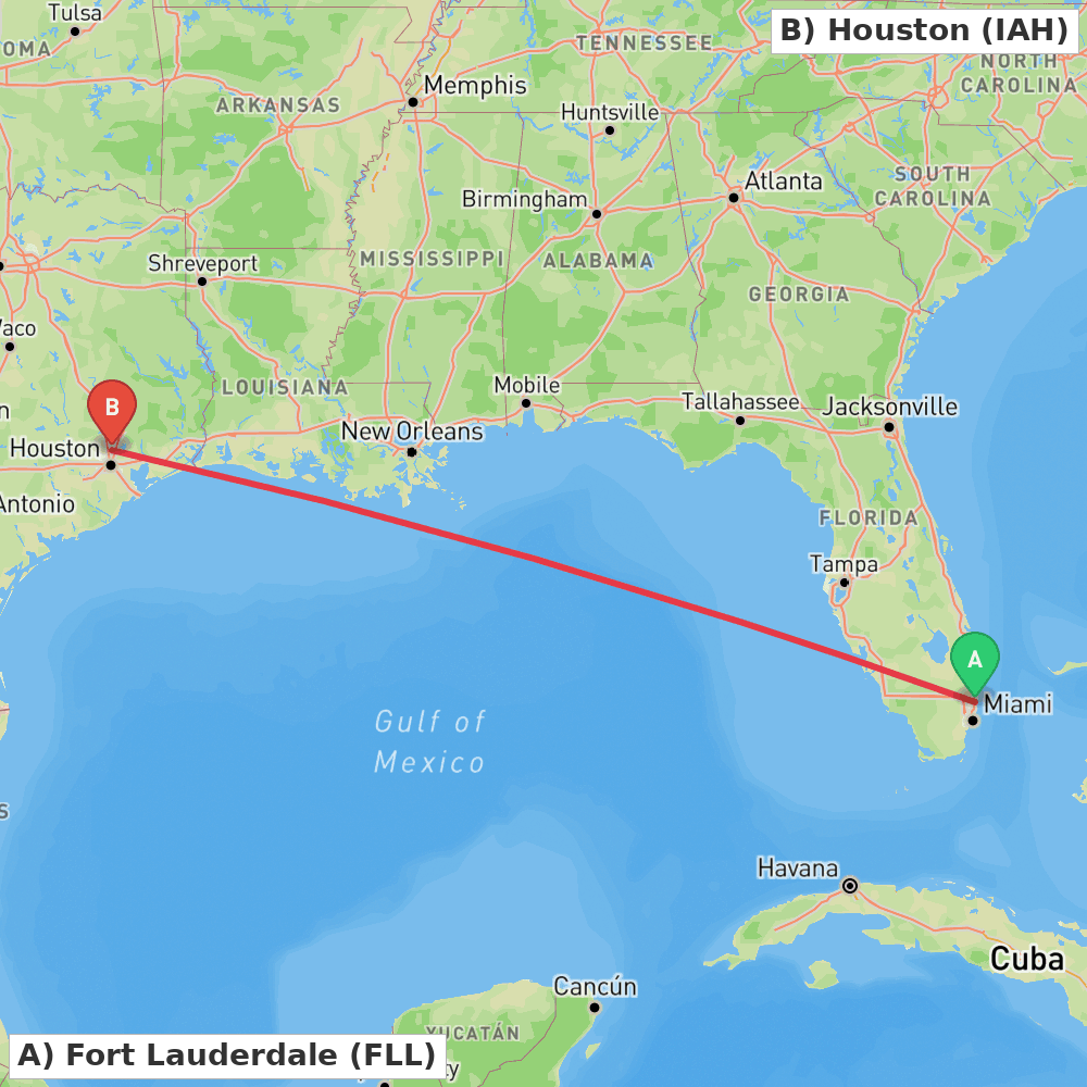 Flight route map from Fort Lauderdale to Houston