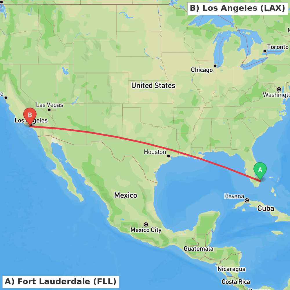 Flight route map from Fort Lauderdale to Los Angeles