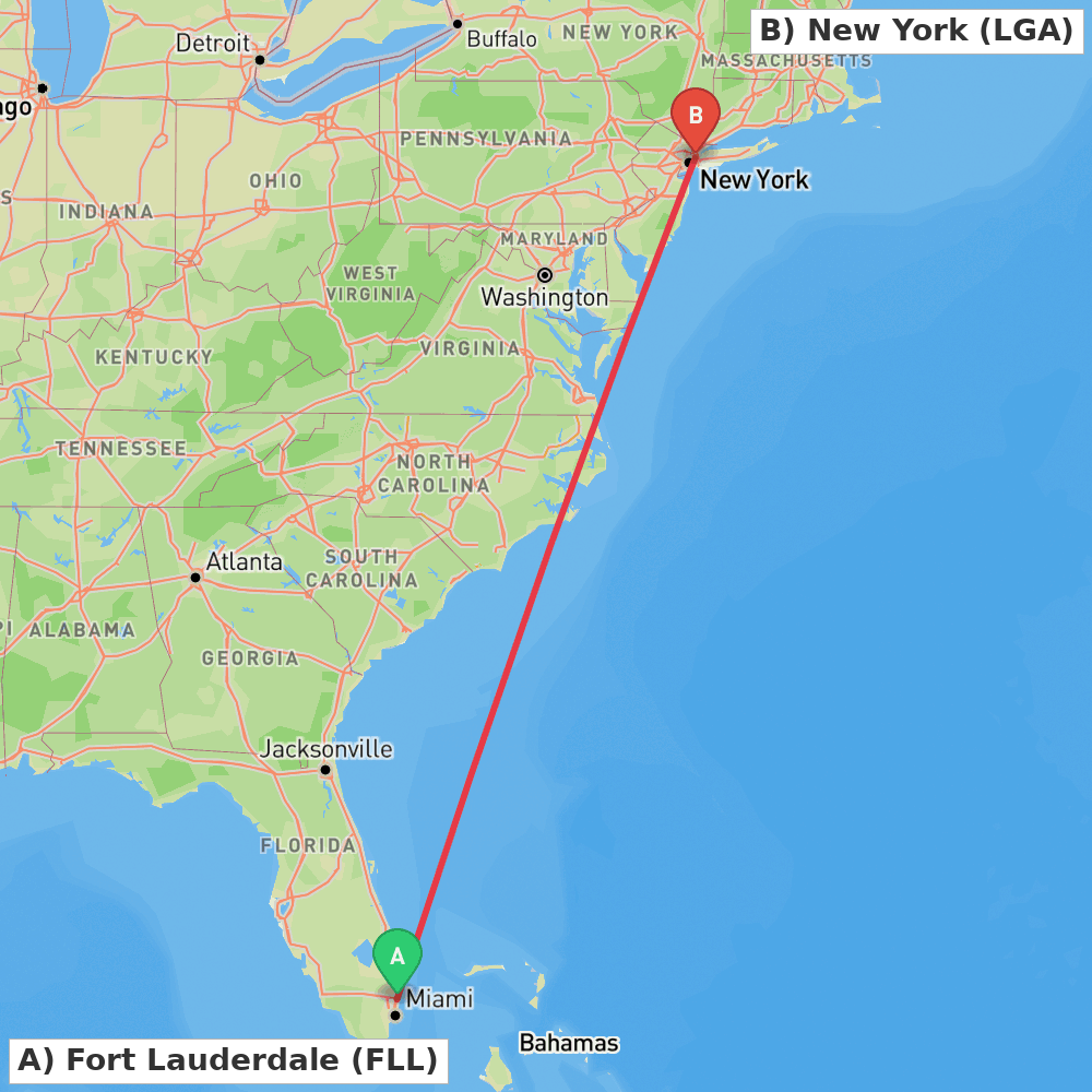 Flight route map from Fort Lauderdale to New York