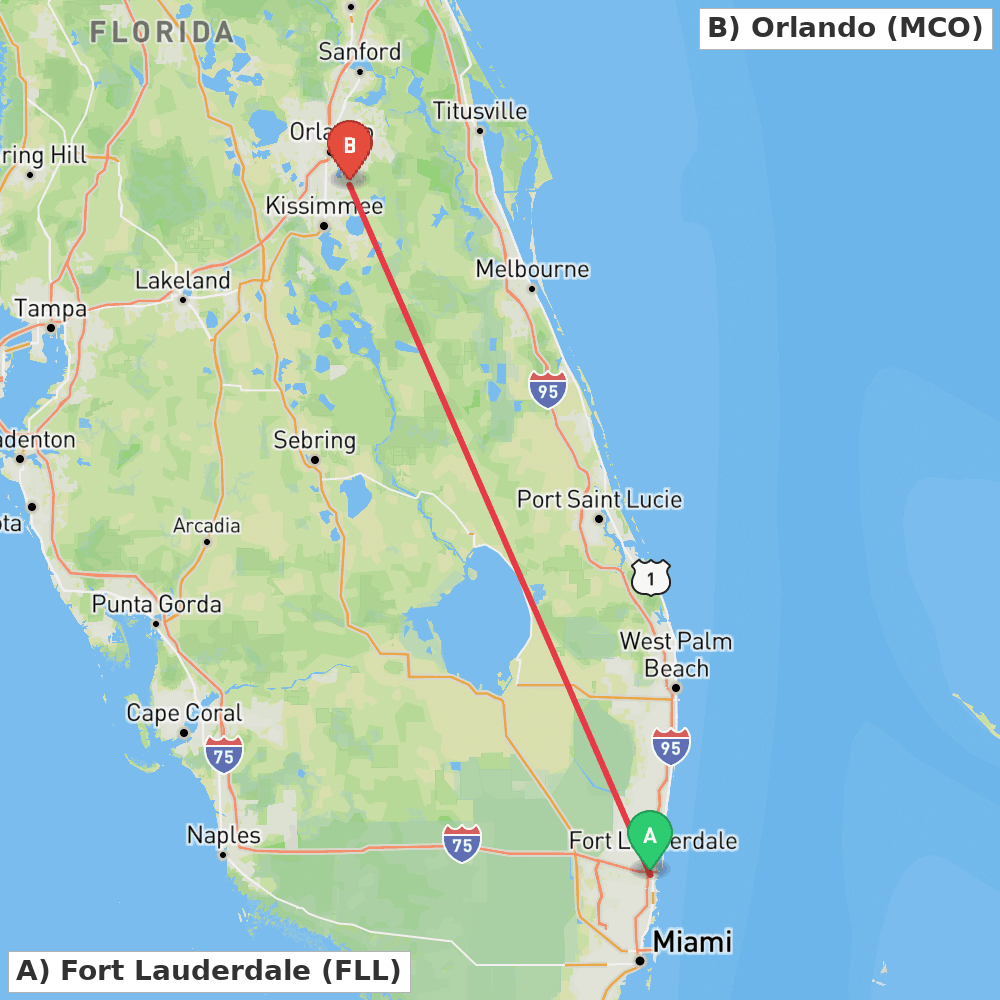 Flight route map from Fort Lauderdale to Orlando
