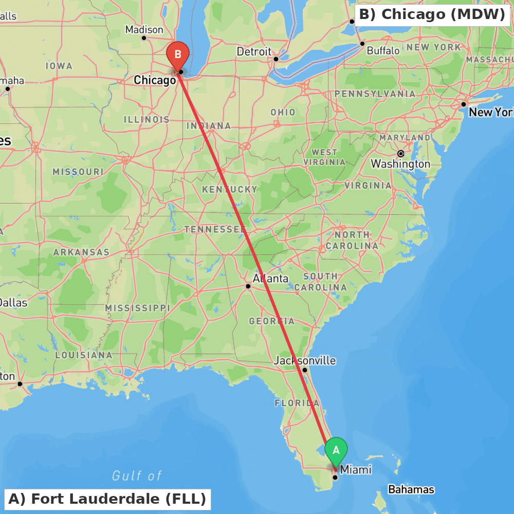 Flight route map from Fort Lauderdale to Chicago