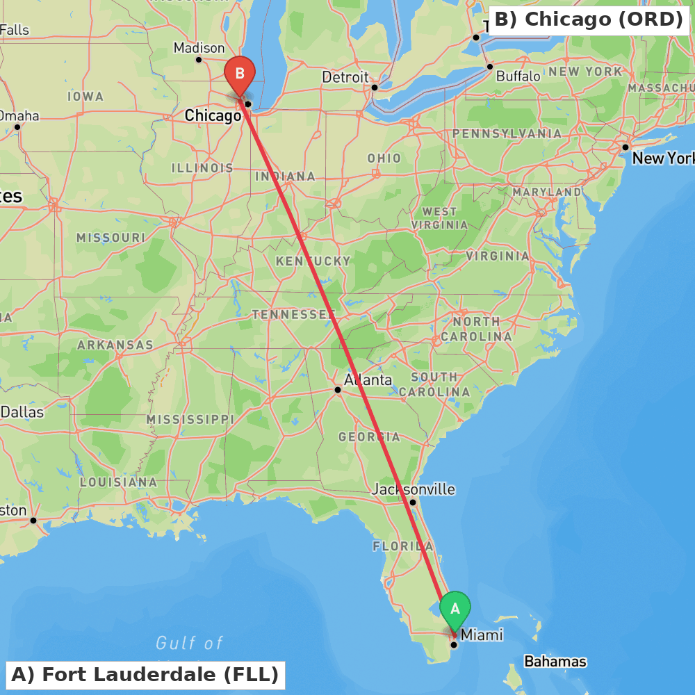 Flight route map from Fort Lauderdale to Chicago