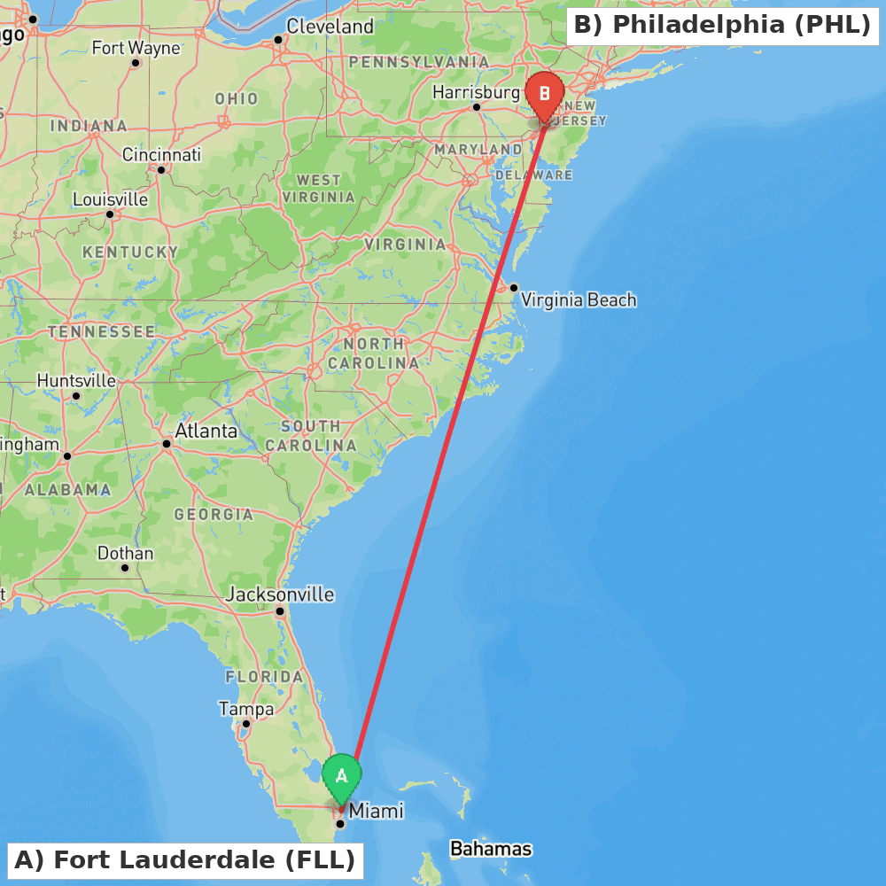 Flight route map from Fort Lauderdale to Philadelphia