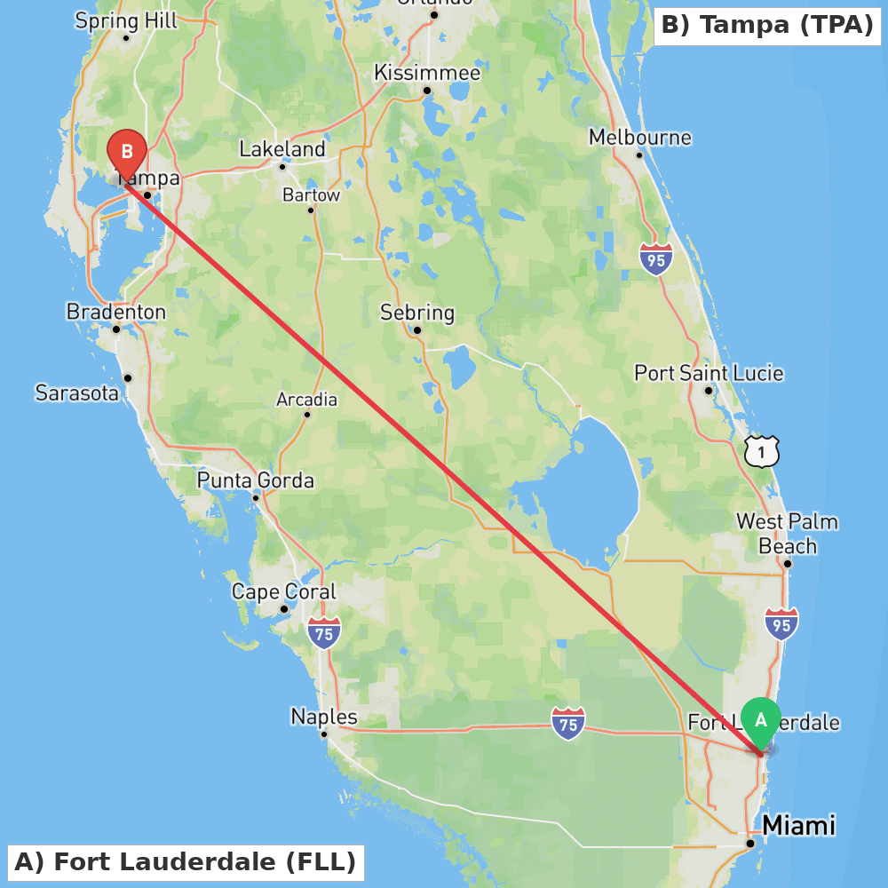 Flight route map from Fort Lauderdale to Tampa