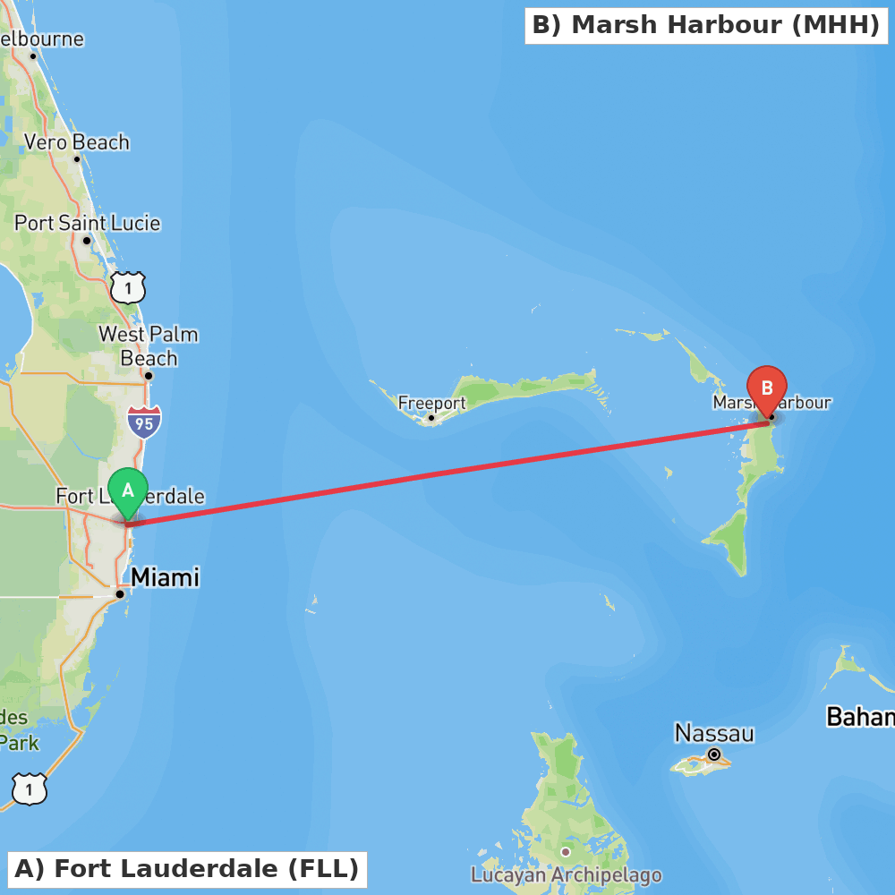 Flight route map from Fort Lauderdale to Marsh Harbour
