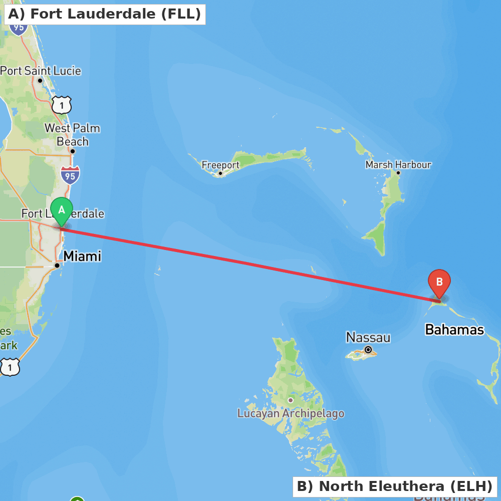 Flight route map from Fort Lauderdale to North Eleuthera