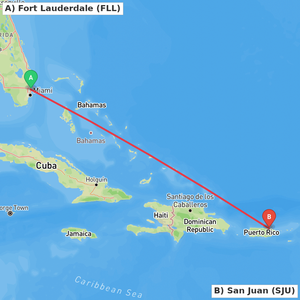 Flight route map from Fort Lauderdale to San Juan