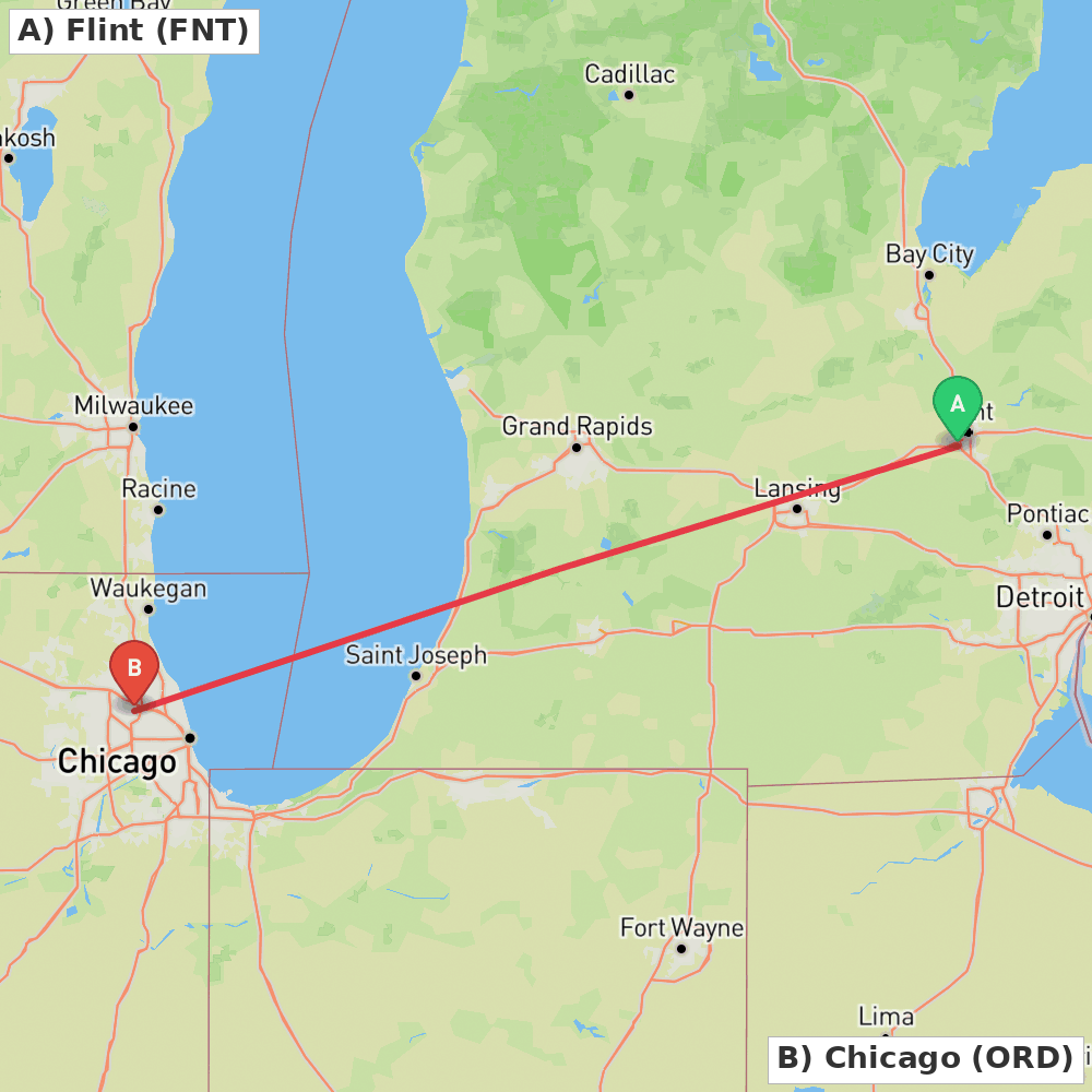 Flight route map from Flint to Chicago