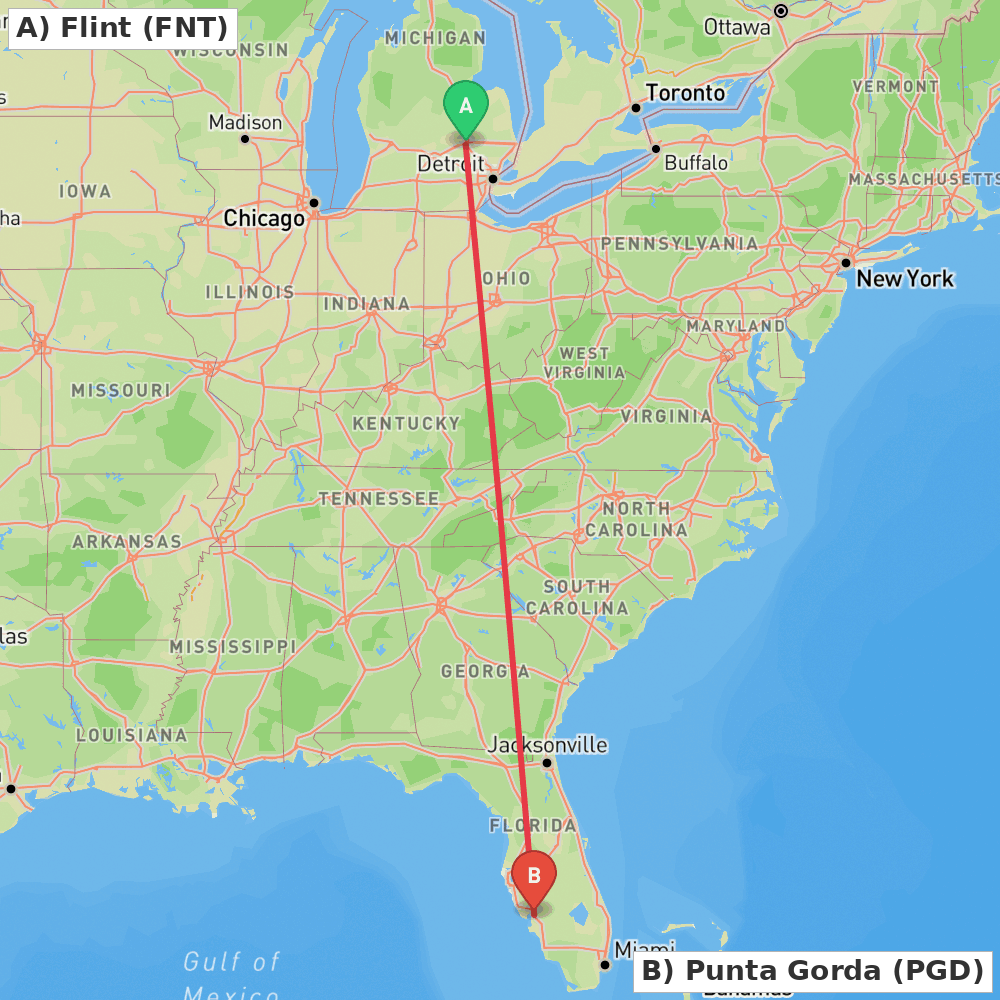 Flight route map from Flint to Punta Gorda