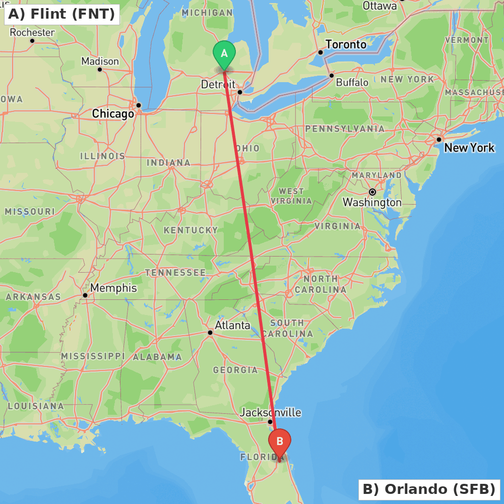 Flight route map from Flint to Orlando