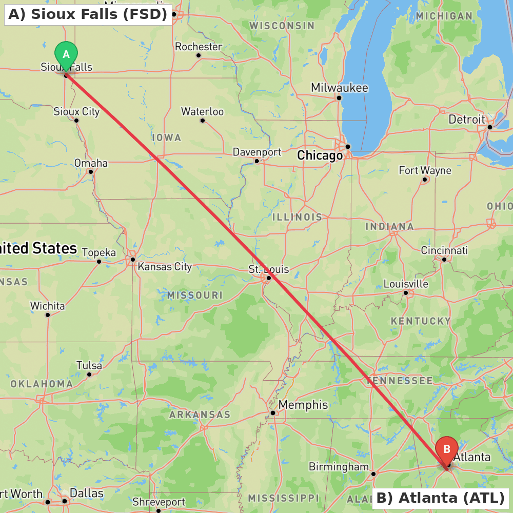 Flight route map from Sioux Falls to Atlanta