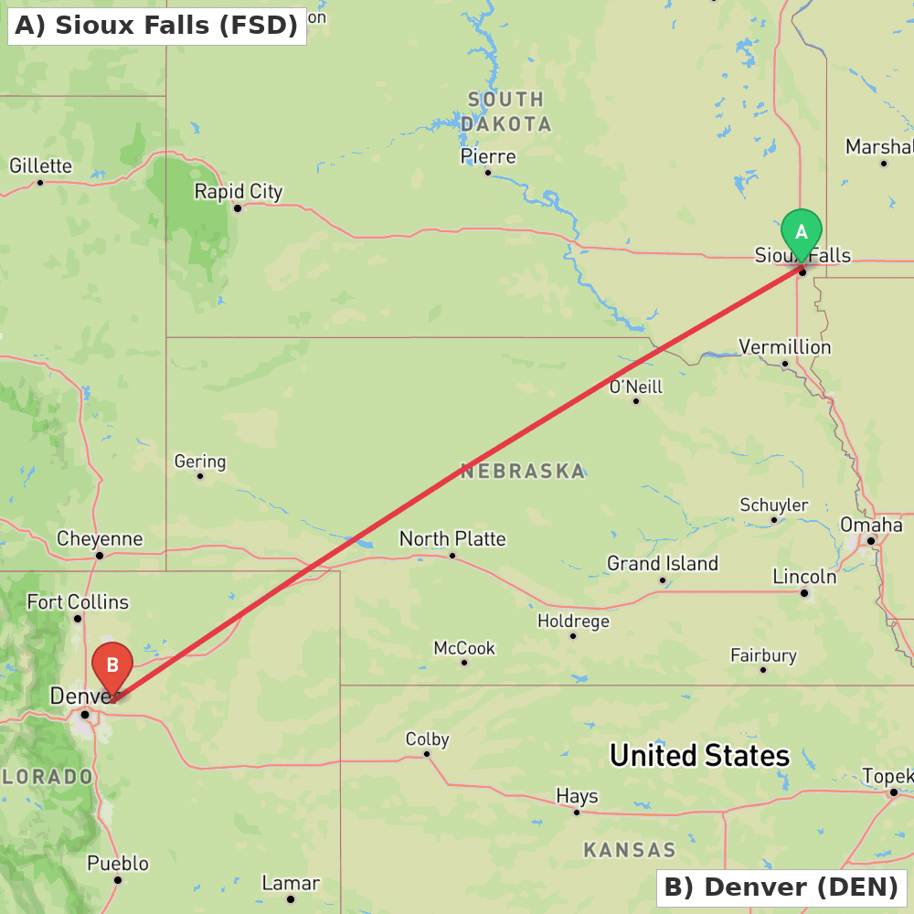 Flight route map from Sioux Falls to Denver