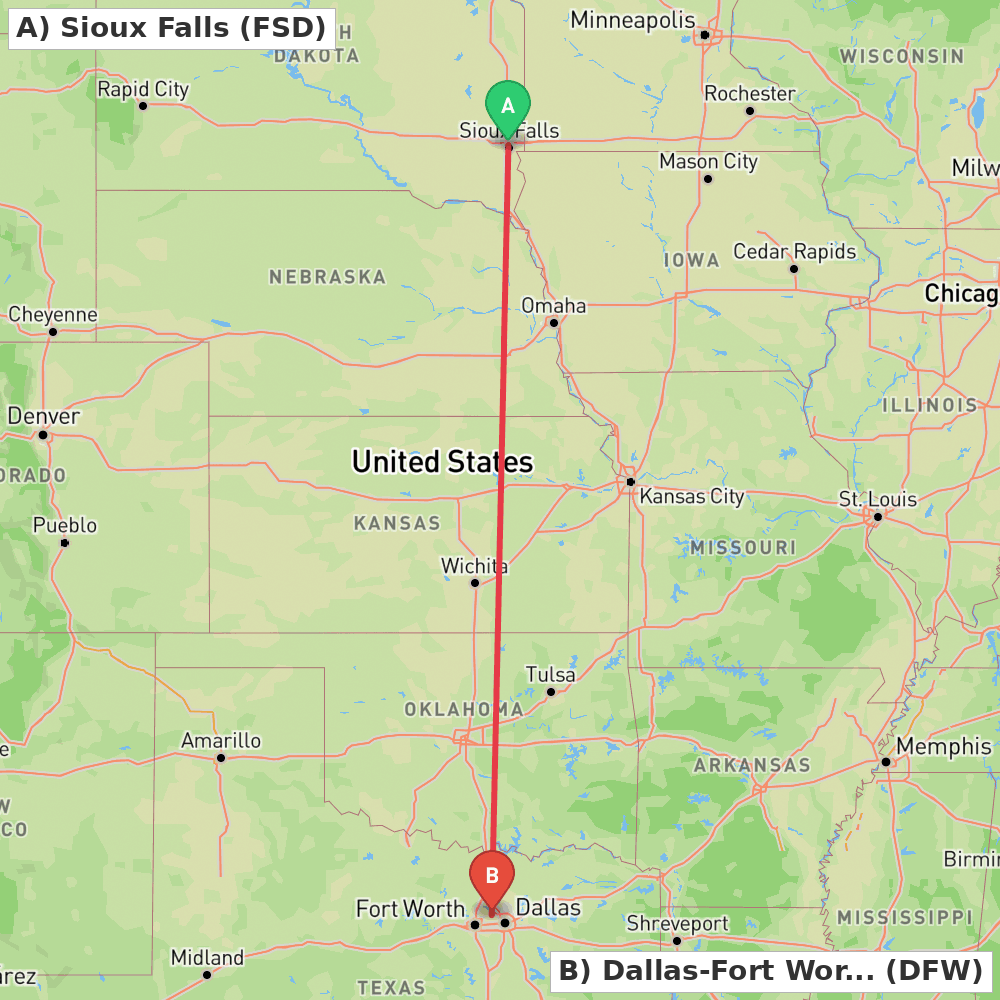 Flight route map from Sioux Falls to Dallas-Fort Worth