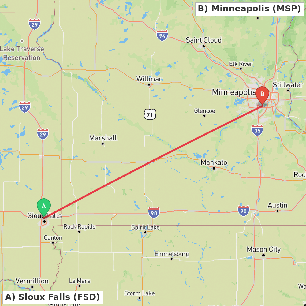 Flight route map from Sioux Falls to Minneapolis