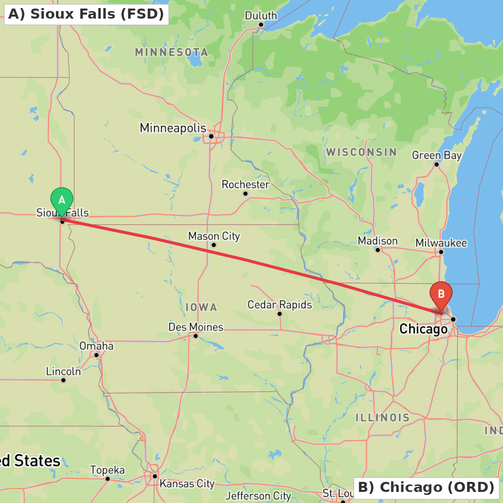 Flight route map from Sioux Falls to Chicago