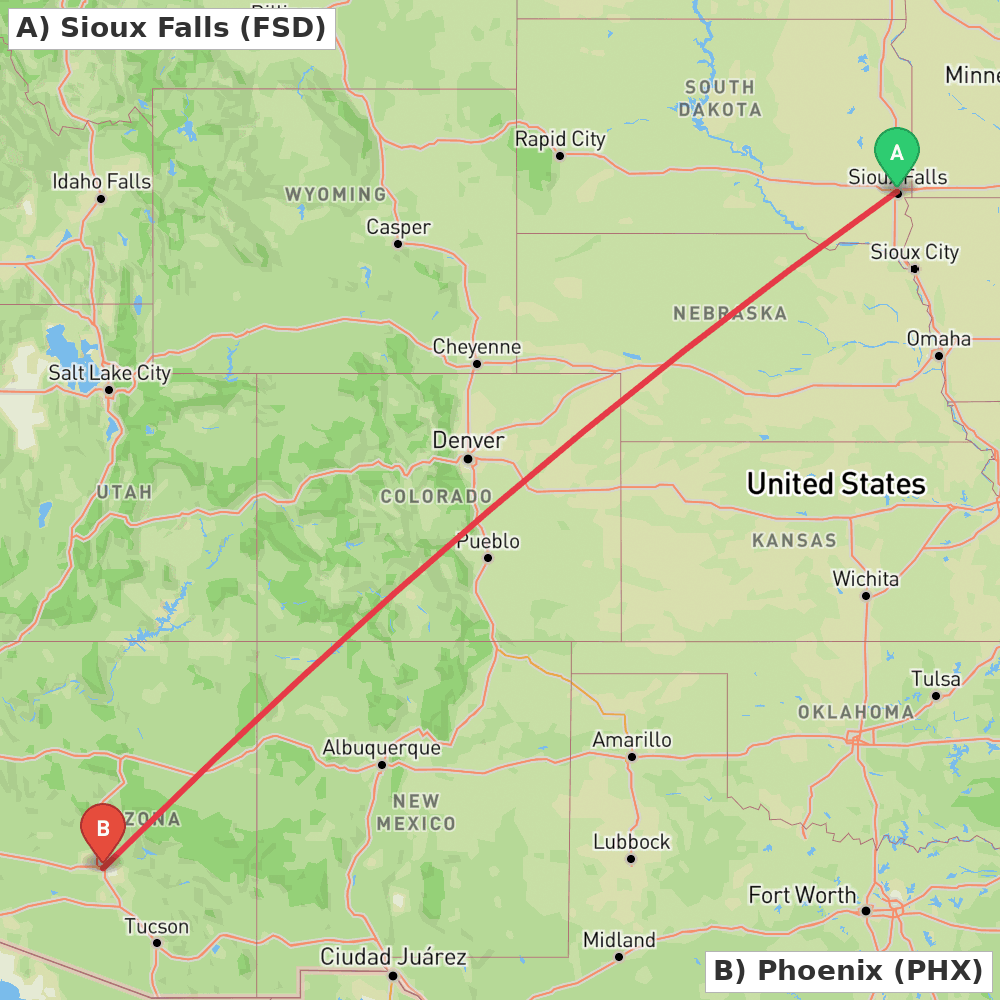 Flight route map from Sioux Falls to Phoenix